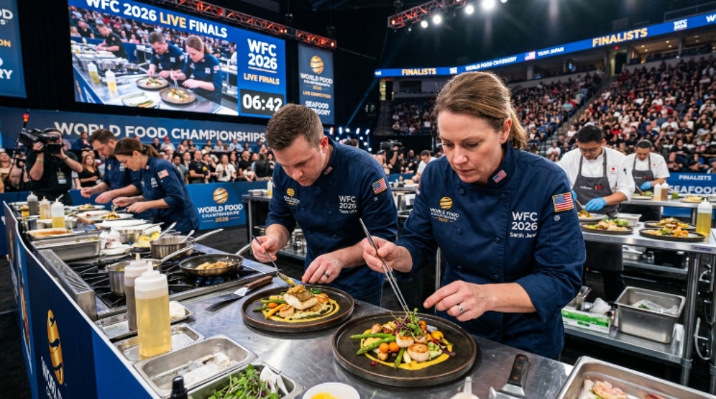 Food Sport competitors plating dishes during the live cooking competition at WFC 2026