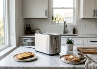 Sleek slim stainless steel toaster on a white marble countertop in a compact kitchen.