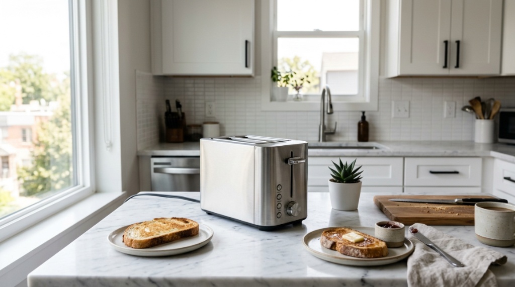 Sleek slim stainless steel toaster on a white marble countertop in a compact kitchen.