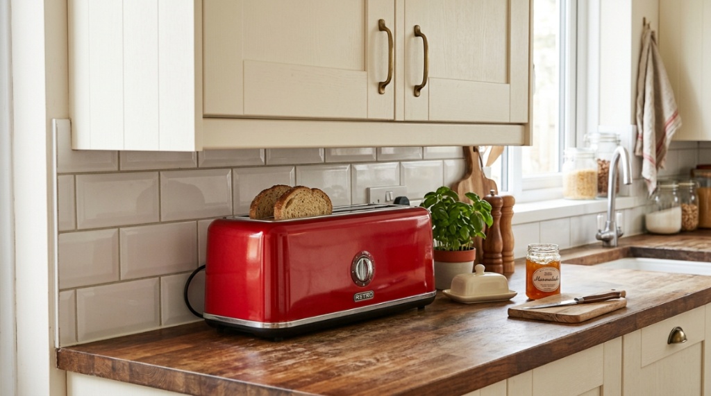 Red retro long-slot toaster tucked beneath upper kitchen cabinets saving counter space.