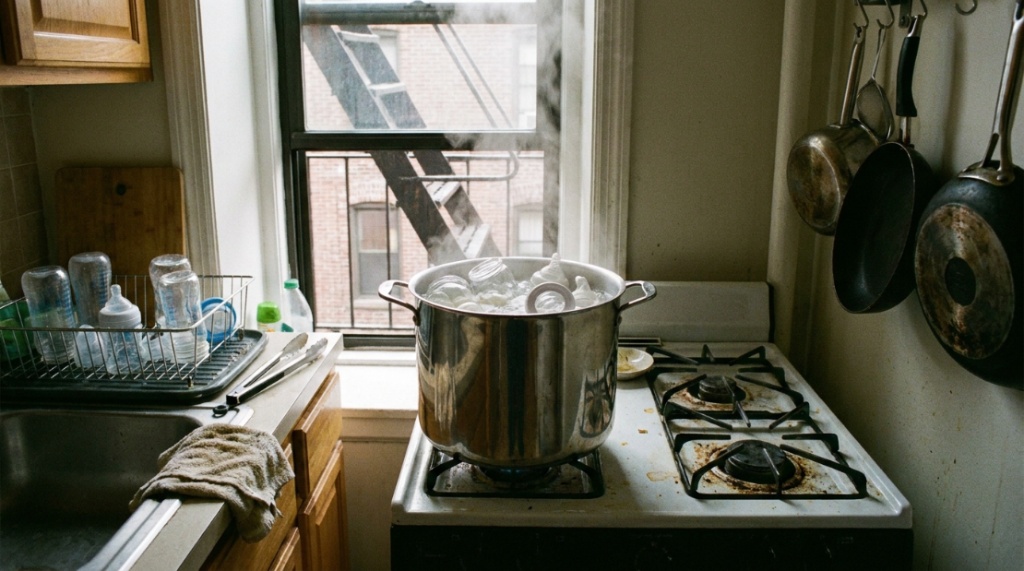 Stainless steel pot boiling baby bottles on a stove burner.