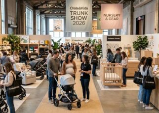 Parents browsing baby strollers and nursery furniture at the Crate and Kids Trunk Show 2026