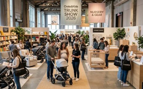 Parents browsing baby strollers and nursery furniture at the Crate and Kids Trunk Show 2026
