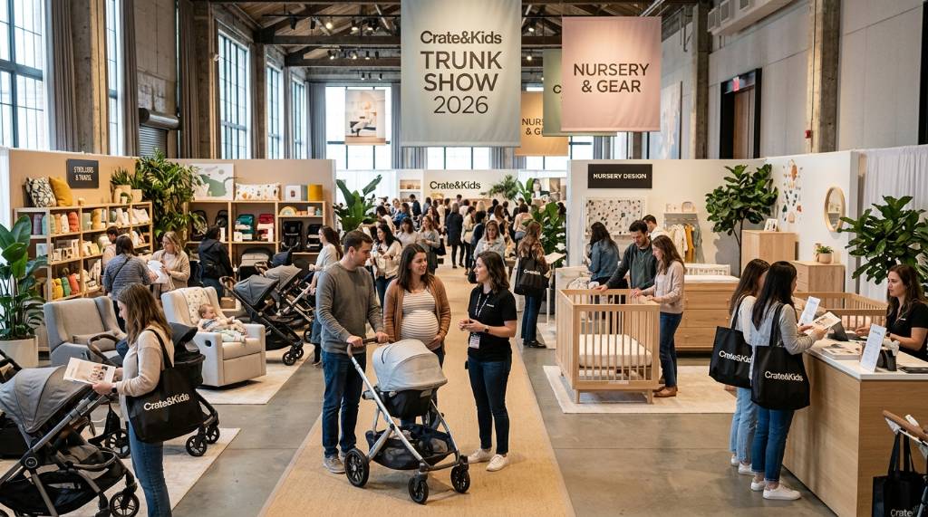 Parents browsing baby strollers and nursery furniture at the Crate and Kids Trunk Show 2026