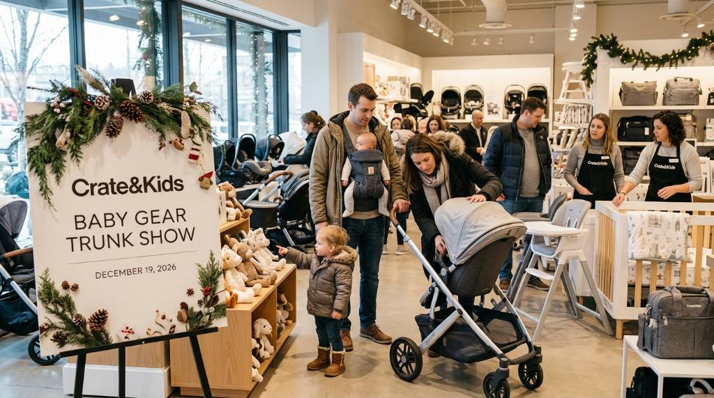 Family shopping for baby essentials at the Crate and Kids Baby Gear Trunk Show on December 19 2026