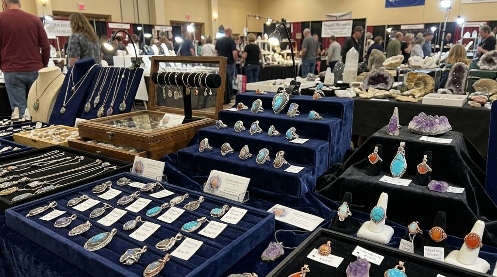 Handcrafted gemstone jewelry pieces arranged on velvet at a gem and mineral show