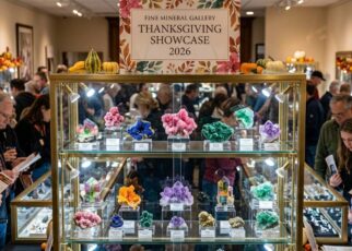 A colorful display of fine mineral specimens at the Fine Mineral Gallery Thanksgiving Showcase 2026