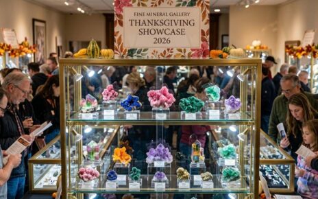 A colorful display of fine mineral specimens at the Fine Mineral Gallery Thanksgiving Showcase 2026