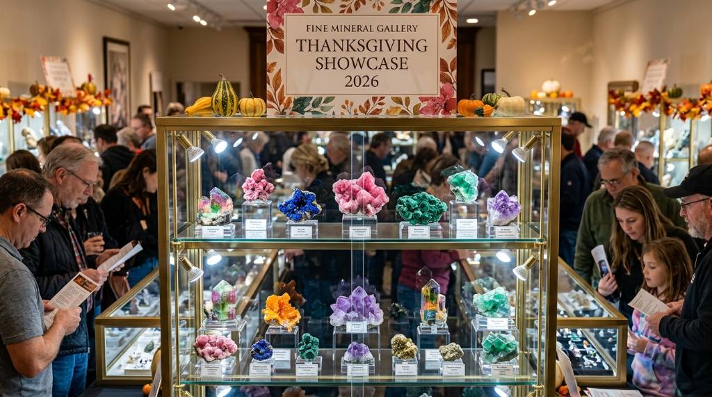 A colorful display of fine mineral specimens at the Fine Mineral Gallery Thanksgiving Showcase 2026