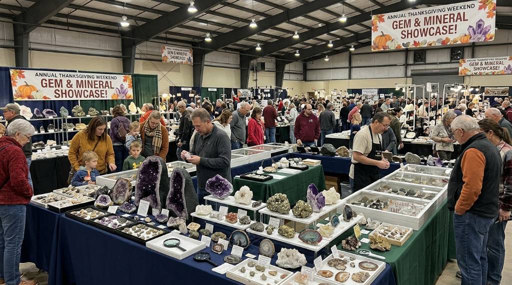 Visitors exploring mineral and gemstone displays at a Thanksgiving weekend showcase event