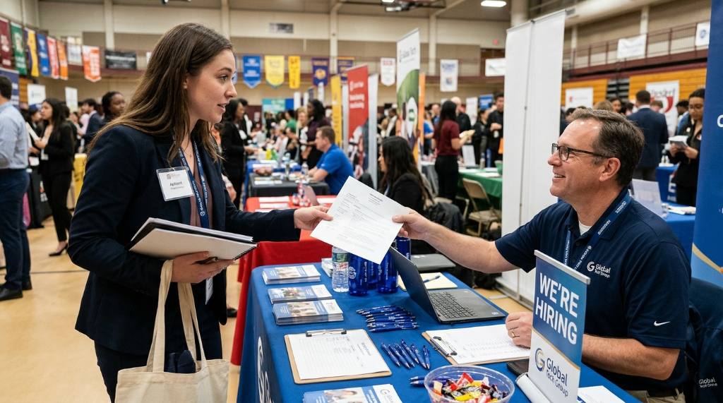 Applicant handing a resume to a hiring manager at a career fair table