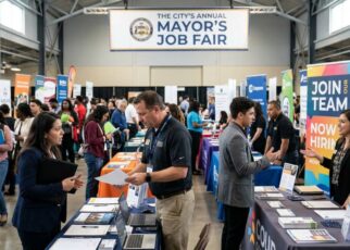 Job seekers talking with recruiters at employer booths during the mayor’s job fair