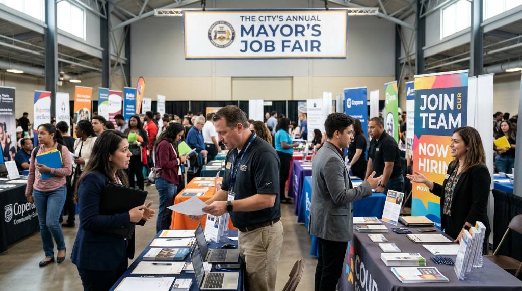 Job seekers talking with recruiters at employer booths during the mayor’s job fair