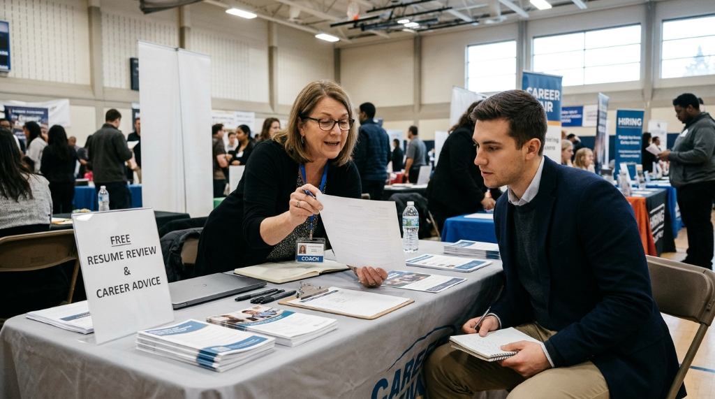 Career coach reviewing a resume with a visitor at a free job fair help desk
