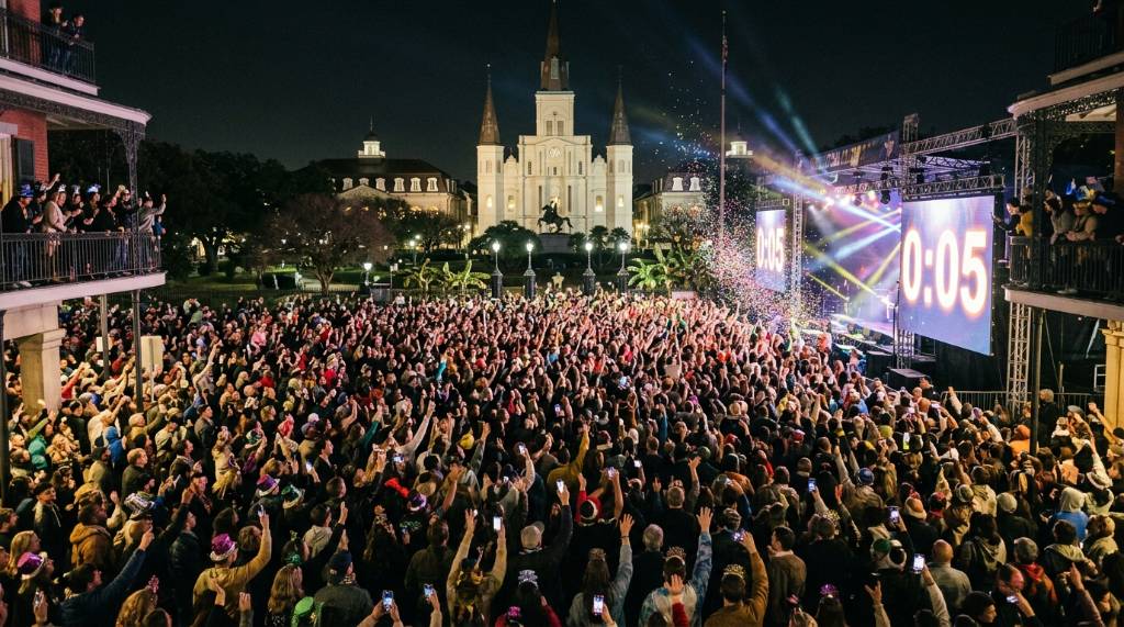 Crowds gathered at Jackson Square in New Orleans counting down to midnight on New Year's Eve