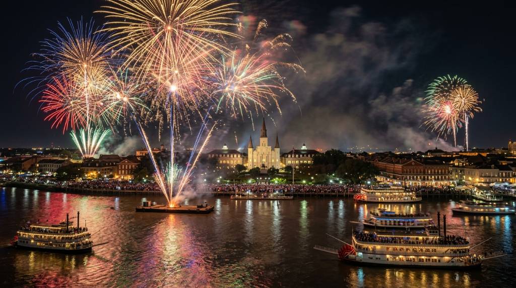 Fireworks bursting over the Mississippi River in New Orleans during New Year's Eve celebrations with St. Louis Cathedral in the background