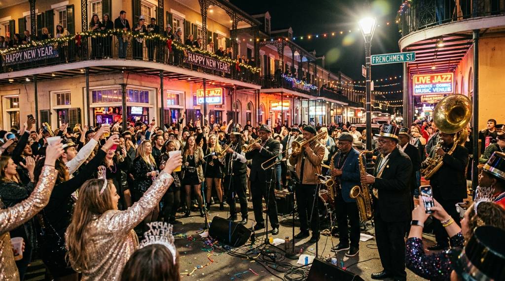 Live jazz band performing on Frenchmen Street in New Orleans on New Year's Eve night